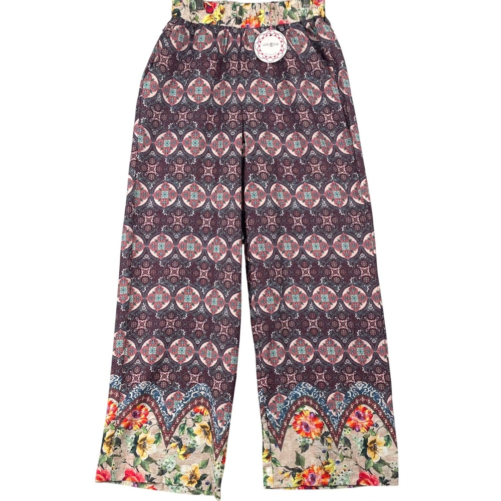 Umgee Boho Floral Medallion Wide Leg Pants Burgundy Teal Small